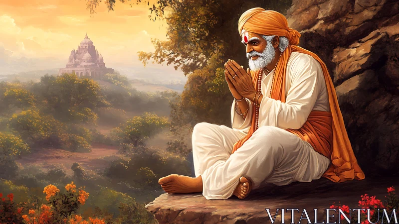 Elderly Hindu sage prays in saffron robes before distant temple