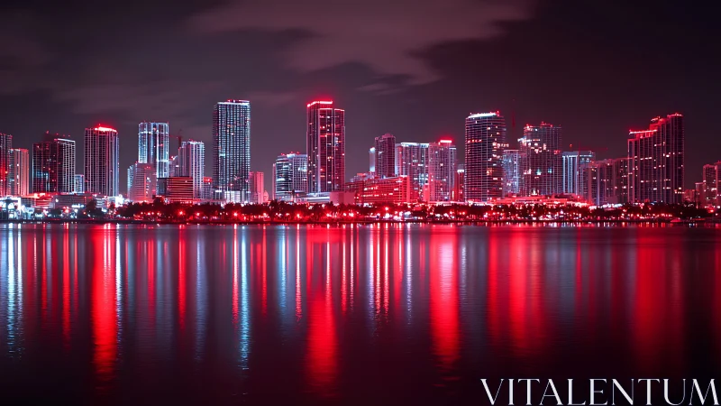 Neon scarlet skyline mirrored across calm harbor waters.