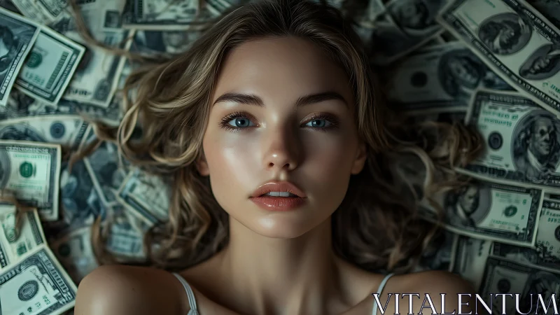 Hyperreal female portrait framed by scattered US banknotes