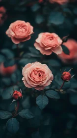 Coral Roses with Crimson Buds Against Deep Teal Foliage.