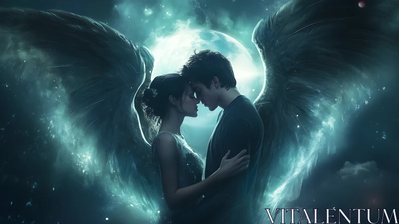 Moonlit angel lovers sharing a tender celestial embrace.