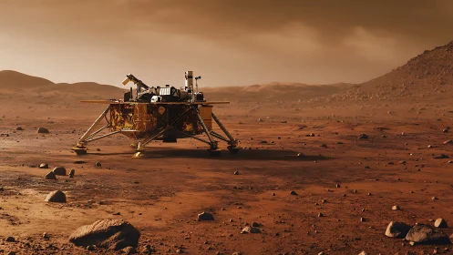 Photorealistic Mars lander on rocky regolith plain at dusk.