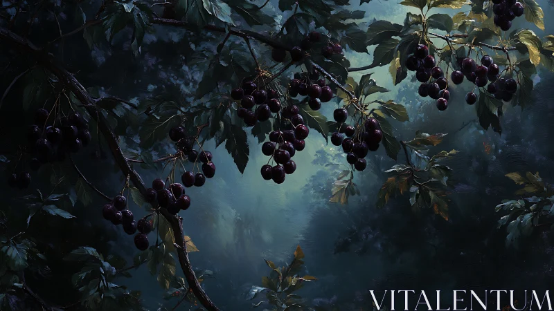 Dark cherry branches hang over misty forest clearing