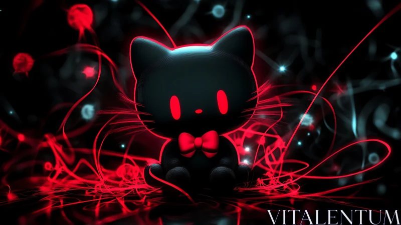 Neon-limned chibi cat amid red quantum filament cascade.