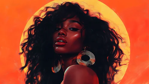 Digital portrait of woman against bold orange halo background.