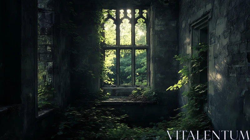 Overgrown stone room with tall gothic window and vines.