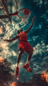 Skyward basketball dunk explodes through stormlit firestorm
