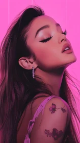 Digital portrait of woman with tattoos on pink backdrop.