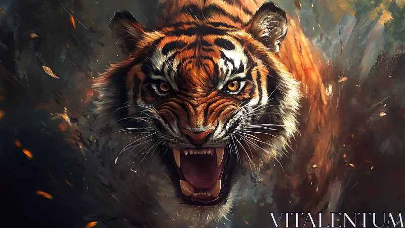 Snarling tiger portrait in dynamic painterly motion blur.