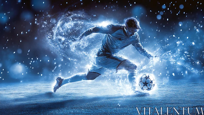 Soccer player in motion with blue energy effects at night.