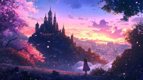 Twilight castle skyline above glowing fantasy cityscape.