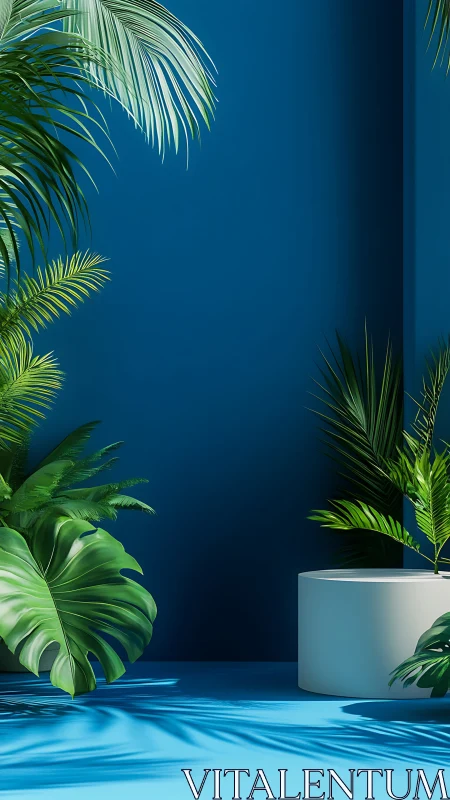 Lush tropical leaves glowing softly against deep blue walls.