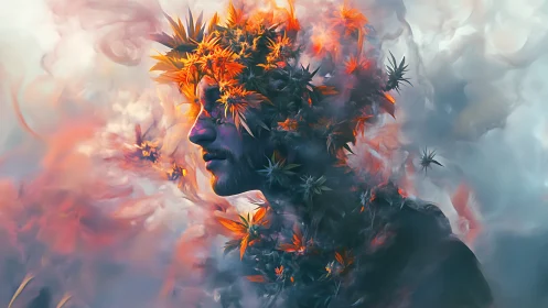 Floral silhouette portrait enshrouded in iridescent vapor.
