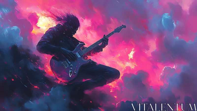 Electric sky soloist shredding through painted neon clouds.