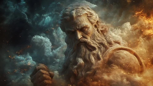 Mythic stone deity emerges from turbulent cosmic storm.