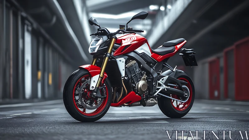 Red naked sport motorcycle stands in modern urban garage