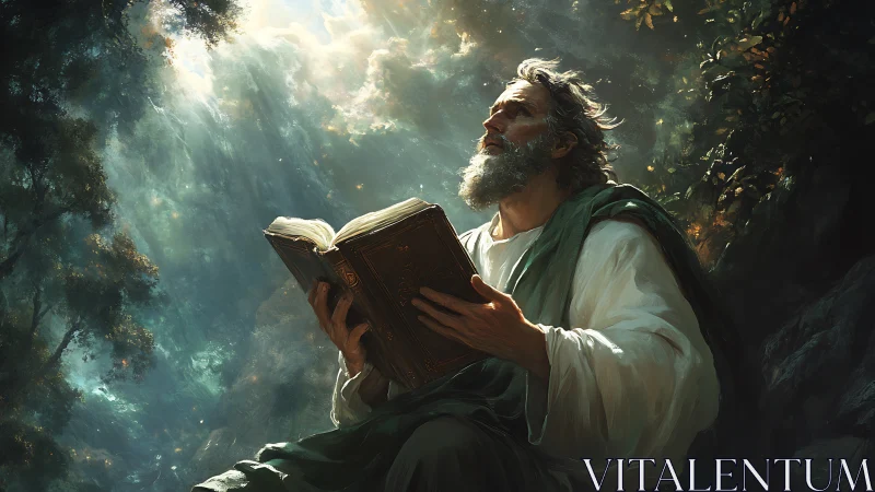 Forest scholar lifts a radiant tome into cascading light