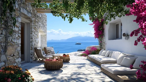 Mediterranean stone terrace overlooks vivid turquoise sea