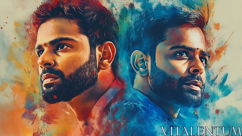 Warm double portrait in glowing orange and calm blue hues.