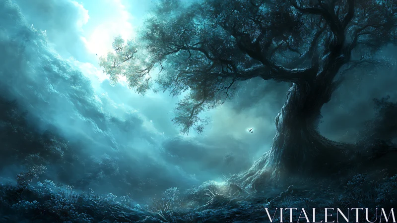 Moonlit fantasy tree over misty enchanted valley night.