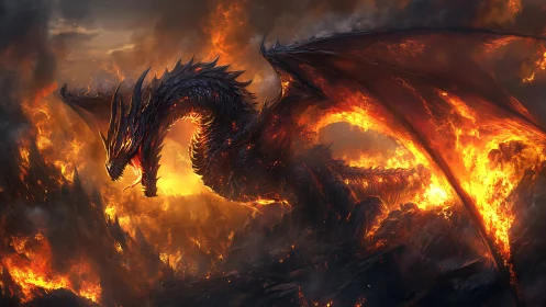 Winged dragon occupies volcanic landscape amid dense fire