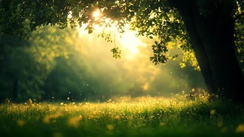 Sunlit forest meadow with glowing morning light, serene and dreamy.