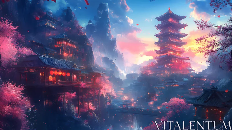 Mountain pagoda city under vivid dusk sky.