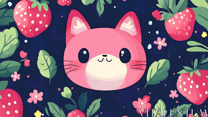 Strawberry garden daydream with rosy kawaii cat face.