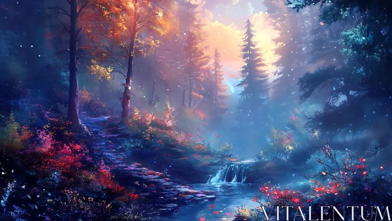 Enchanted Forest Waterfall at Dusk with Luminescent Flora.