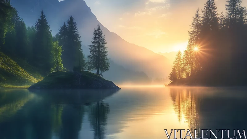 Golden sunrise bathes misty alpine lake and forested islets