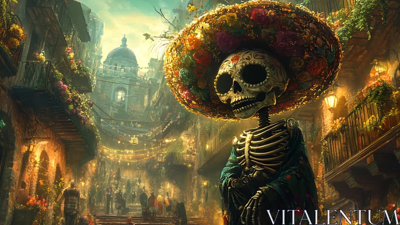 Digital painting of La Catrina in luminous festival street scene.