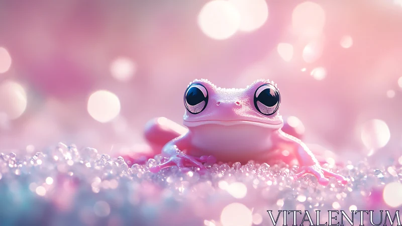 Pink frog portrait on glittering pastel bokeh field.