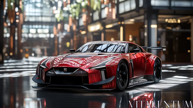 Red GT-style race car under glass roof in modern hall.