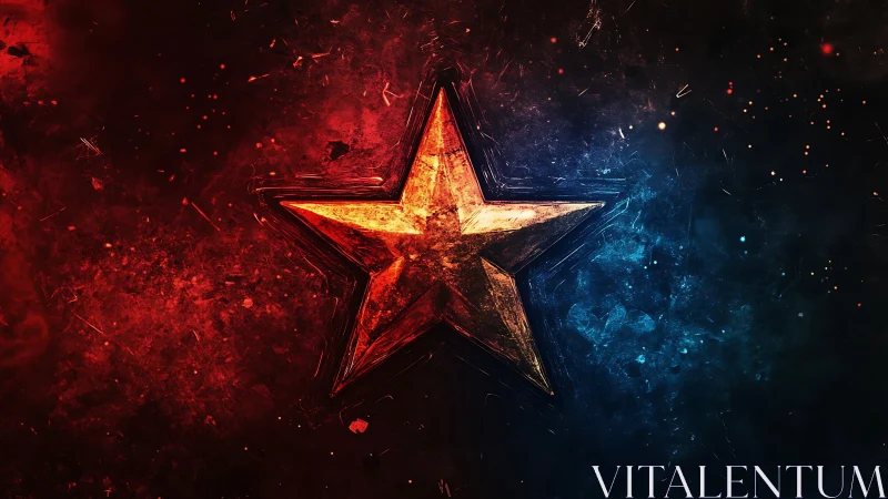 Metallic star emblem with red and blue textured background.