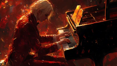 Virtuosic pianist in red, illuminated by fiery abstract light