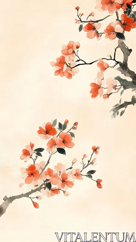 Coral Blossoms on Weathered Branches: Traditional Chinese Ink Composition.