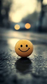 Smiley ball glows with quiet optimism on a rainy street