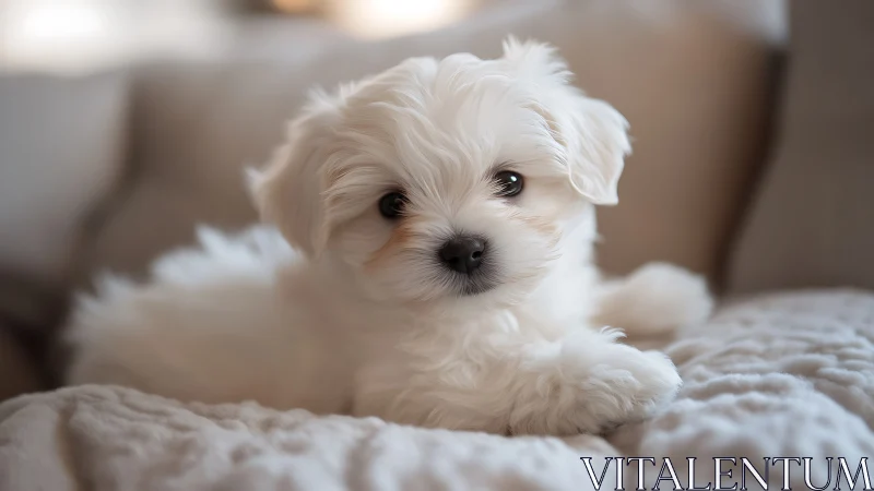 High-key shallow depth portrait of white puppy on soft bedding
