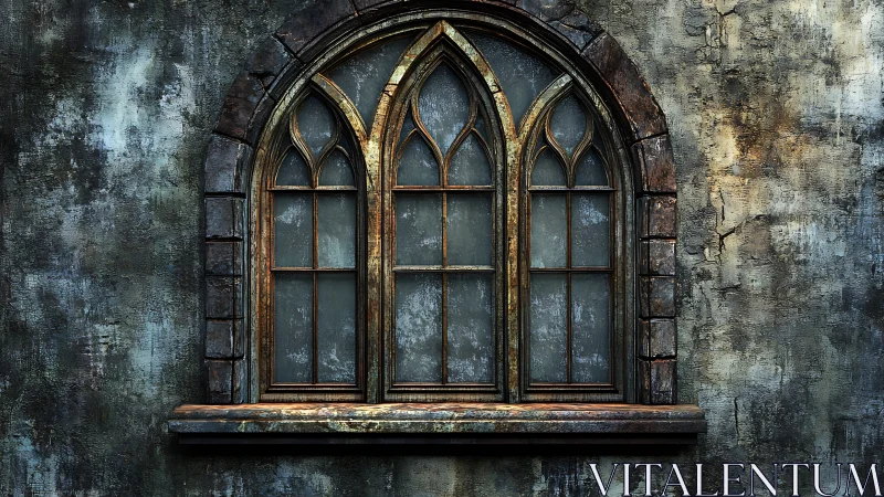 Gothic arched triptych window in corroded masonry facade.