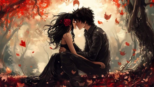 Two figures embrace under autumn trees with falling red leaves