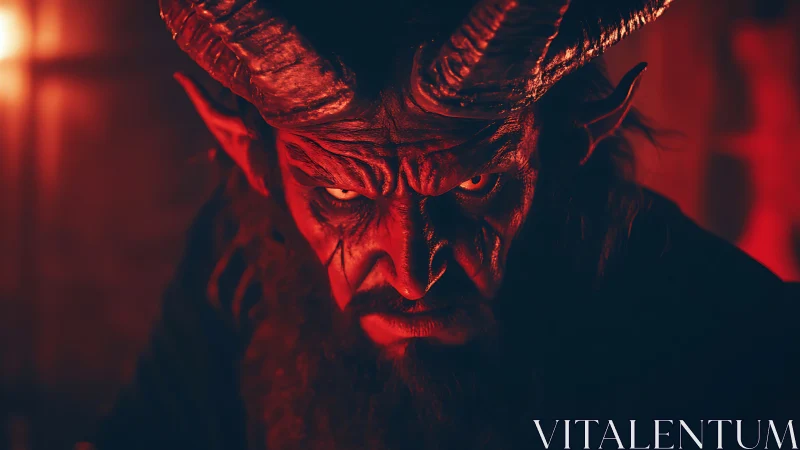 Infernal horned demon glowers through molten scarlet shadows.