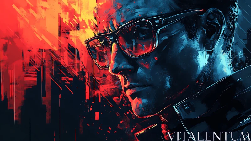 Neon glare strategist bathed in glitchfire city light.