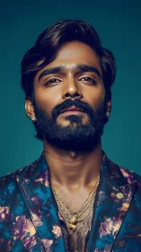 Golden-lit bearded man in patterned teal blazer portrait.