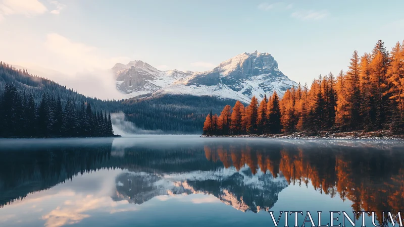 Alpine lake mirror-symmetry captures snow peaks and autumn larches