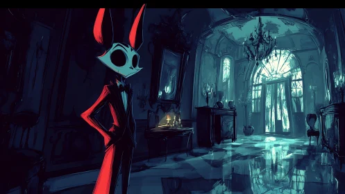 Eerie horned figure surveys a moonlit, ruined mansion hall.