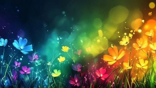 Glowing Wildflower Garden Transition Across Rainbow Light Spectrum