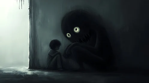 Child in shadowed corner with looming inner monster presence.