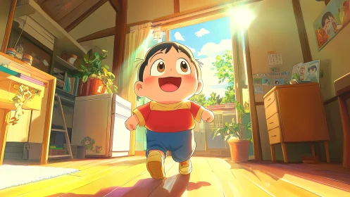 Sunlit toddler rushes joyfully through cozy anime home.