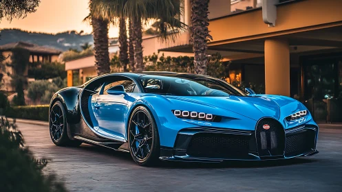 Midnight-blue hypercar lounges like a panther at sunset drive