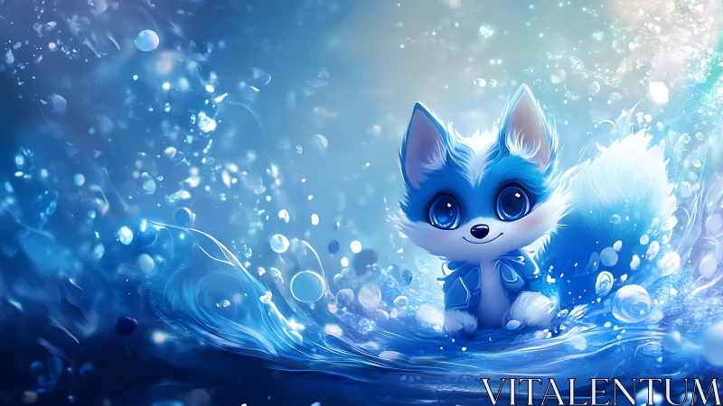 Blue chibi fox character rendered in luminous water splash